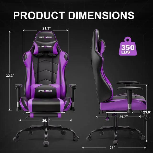 Alt view image 4 of 7 - Gaming Chair with Footrest PU Leather Office Chair with Adjustable Headrest, Purple