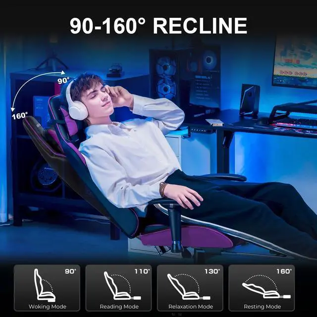 Alt view image 7 of 7 - Gaming Chair with Footrest PU Leather Office Chair with Adjustable Headrest, Purple