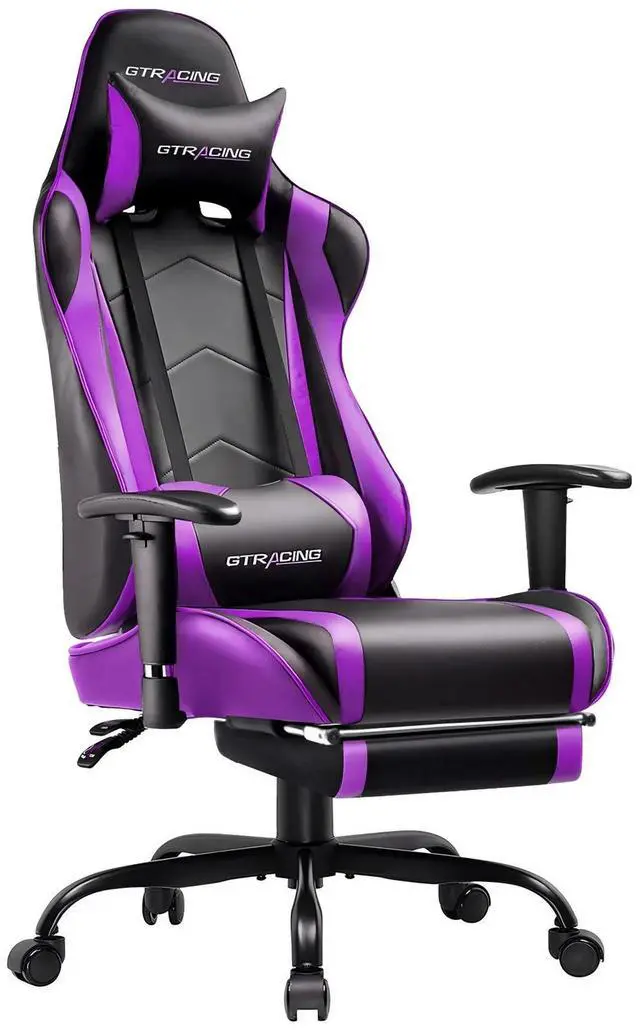 Main image of Gaming Chair with Footrest PU Leather Office Chair with Adjustable Headrest, Purple
