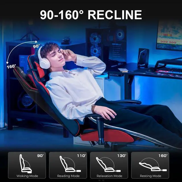 Alt view image 7 of 7 - Gaming Chair, Ergonomic Office Desk Chair with Lumbar Support, PU Leather, Footrest & Adjustable Headrest, Red