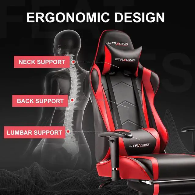 Alt view image 6 of 7 - Gaming Chair, Ergonomic Office Desk Chair with Lumbar Support, PU Leather, Footrest & Adjustable Headrest, Red