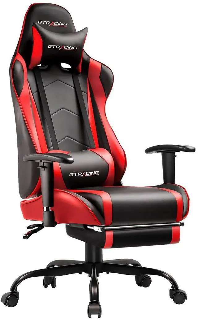 Main image of Gaming Chair, Ergonomic Office Desk Chair with Lumbar Support, PU Leather, Footrest & Adjustable Headrest, Red