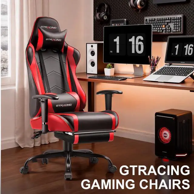 Alt view image 2 of 7 - Gaming Chair, Ergonomic Office Desk Chair with Lumbar Support, PU Leather, Footrest & Adjustable Headrest, Red