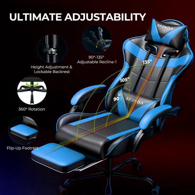 Alt view image 3 of 7 - Gaming Chair, Seenda Video Game Chair with Footrest and Lumbar Support, Ergonomic Computer Chair Height Adjustable with Swivel Seat and Headrest, Blue