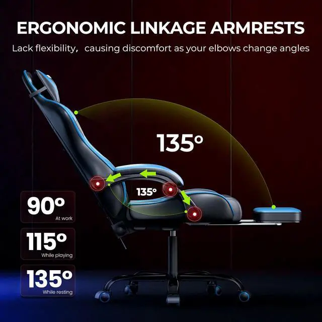 Alt view image 5 of 7 - Gaming Chair, Seenda Video Game Chair with Footrest and Lumbar Support, Ergonomic Computer Chair Height Adjustable with Swivel Seat and Headrest, Blue