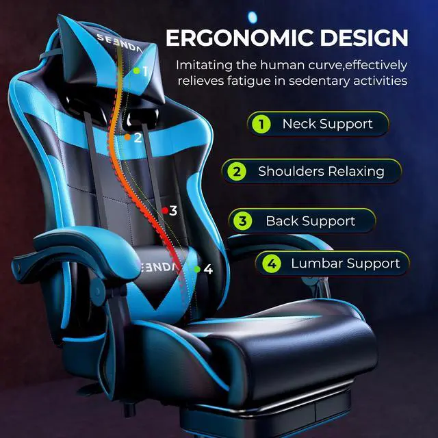 Alt view image 2 of 7 - Gaming Chair, Seenda Video Game Chair with Footrest and Lumbar Support, Ergonomic Computer Chair Height Adjustable with Swivel Seat and Headrest, Blue