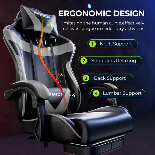 Alt view image 3 of 7 - Gaming Chair, Seenda Ergonomic Video Game Chair with Footrest and Lumbar Support,Computer Chair Height Adjustable with Swivel Seat and Headrest