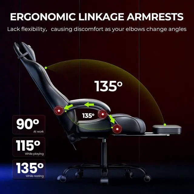 Alt view image 5 of 7 - Gaming Chair, Seenda Ergonomic Video Game Chair with Footrest and Lumbar Support,Computer Chair Height Adjustable with Swivel Seat and Headrest