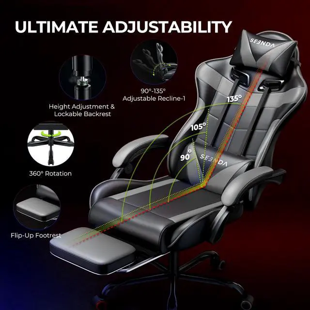 Alt view image 4 of 7 - Gaming Chair, Seenda Ergonomic Video Game Chair with Footrest and Lumbar Support,Computer Chair Height Adjustable with Swivel Seat and Headrest