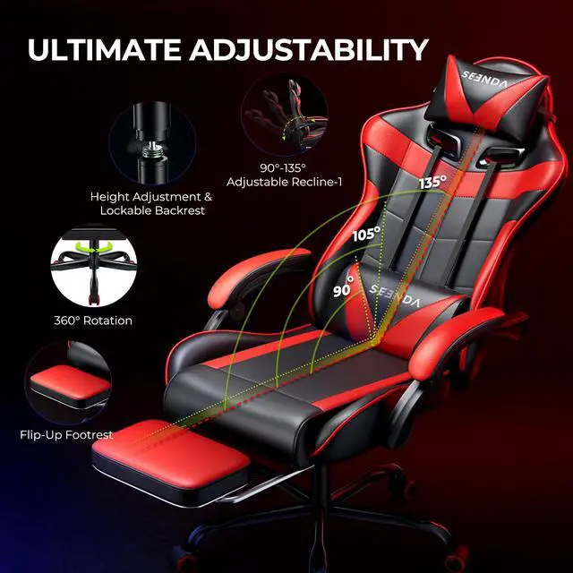 Alt view image 3 of 7 - Gaming Chair, Seenda Video Game Chair with Footrest and Lumbar Support, Ergonomic Computer Chair Height Adjustable with Swivel Seat and Headrest, Red