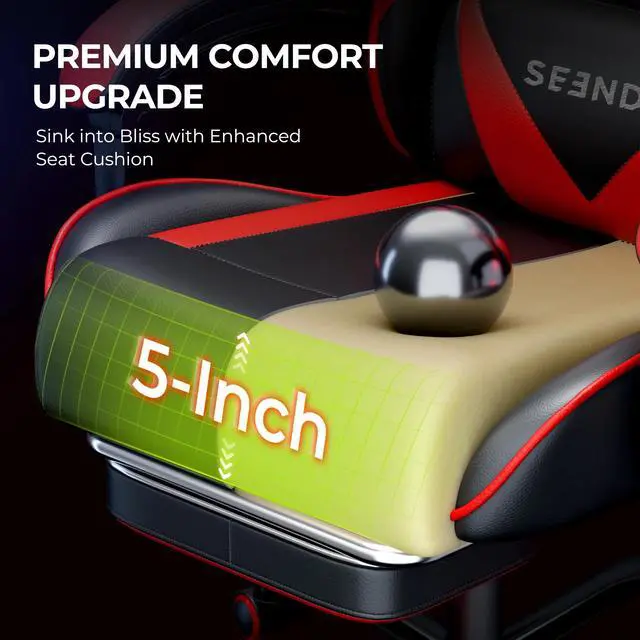 Alt view image 4 of 7 - Gaming Chair, Seenda Video Game Chair with Footrest and Lumbar Support, Ergonomic Computer Chair Height Adjustable with Swivel Seat and Headrest, Red