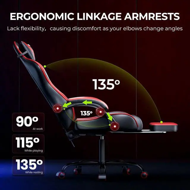 Alt view image 5 of 7 - Gaming Chair, Seenda Video Game Chair with Footrest and Lumbar Support, Ergonomic Computer Chair Height Adjustable with Swivel Seat and Headrest, Red