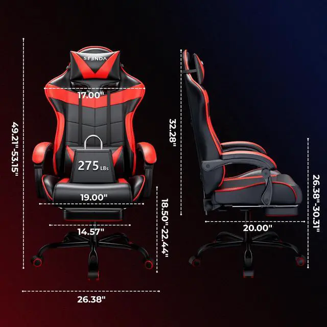 Alt view image 6 of 7 - Gaming Chair, Seenda Video Game Chair with Footrest and Lumbar Support, Ergonomic Computer Chair Height Adjustable with Swivel Seat and Headrest, Red