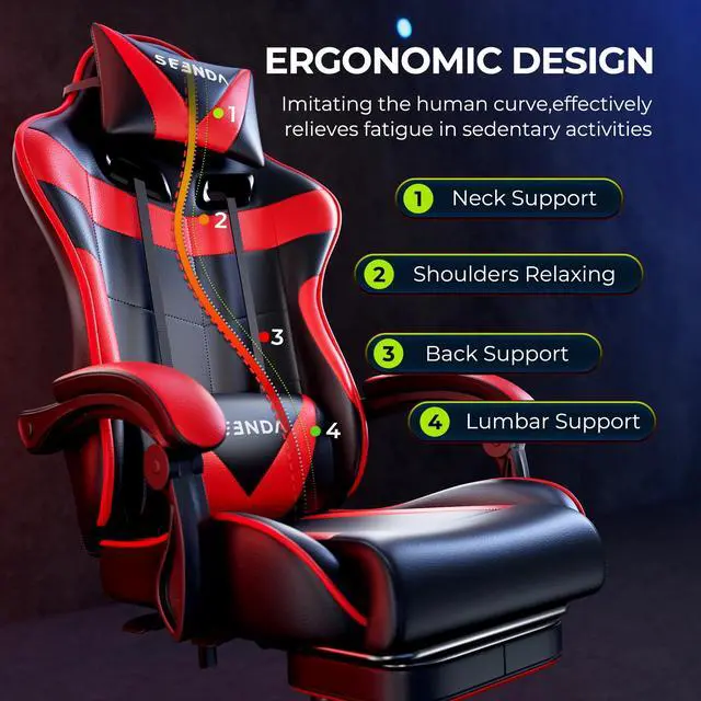 Alt view image 2 of 7 - Gaming Chair, Seenda Video Game Chair with Footrest and Lumbar Support, Ergonomic Computer Chair Height Adjustable with Swivel Seat and Headrest, Red