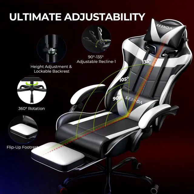Alt view image 3 of 7 - Gaming Chair, Seenda Video Game Chair with Footrest and Lumbar Support, Ergonomic Computer Chair Height Adjustable with Swivel Seat and Headrest, White