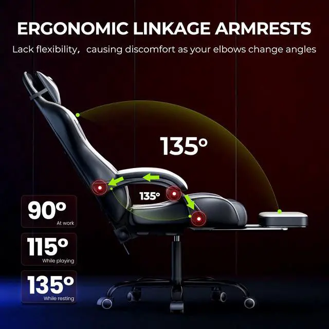 Alt view image 5 of 7 - Gaming Chair, Seenda Video Game Chair with Footrest and Lumbar Support, Ergonomic Computer Chair Height Adjustable with Swivel Seat and Headrest, White