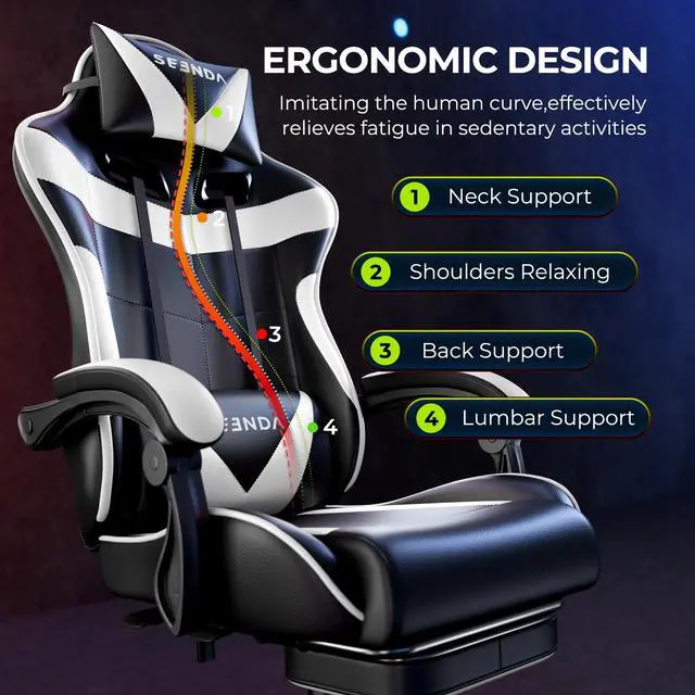 Alt view image 2 of 7 - Gaming Chair, Seenda Video Game Chair with Footrest and Lumbar Support, Ergonomic Computer Chair Height Adjustable with Swivel Seat and Headrest, White