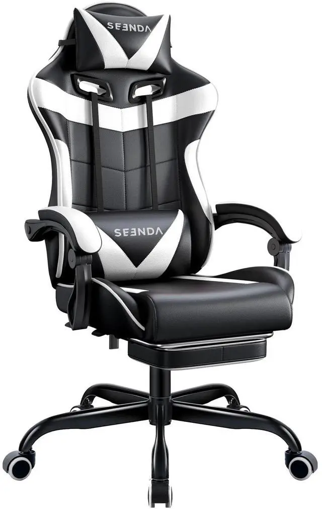 Main image of Gaming Chair, Seenda Video Game Chair with Footrest and Lumbar Support, Ergonomic Computer Chair Height Adjustable with Swivel Seat and Headrest, White