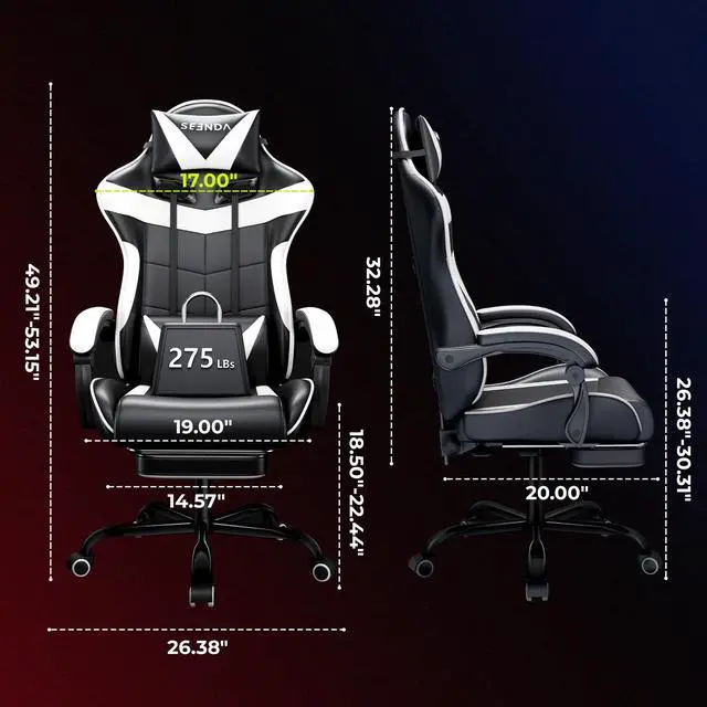 Alt view image 6 of 7 - Gaming Chair, Seenda Video Game Chair with Footrest and Lumbar Support, Ergonomic Computer Chair Height Adjustable with Swivel Seat and Headrest, White