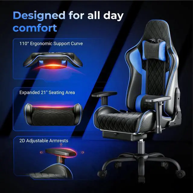 Alt view image 3 of 7 - Seenda GCPro-10 Gaming Chair, Big and Tall Video Game Chair with Footrest, High Back Ergonomic Computer Desk Chair Height Adjustable with Headrest and Lumbar Support