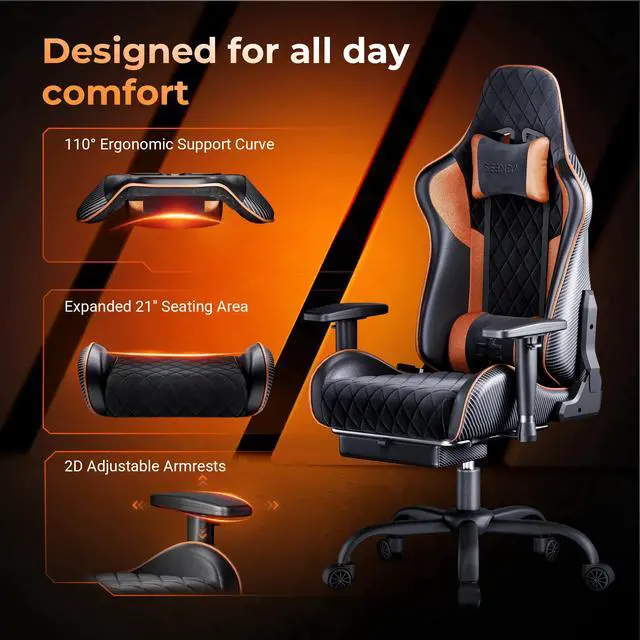Alt view image 3 of 7 - Seenda GCPro-10 Gaming Chair, Big and Tall Video Game Chair with Footrest, High Back Ergonomic Computer Desk Chair Height Adjustable with Headrest and Lumbar Support Brown