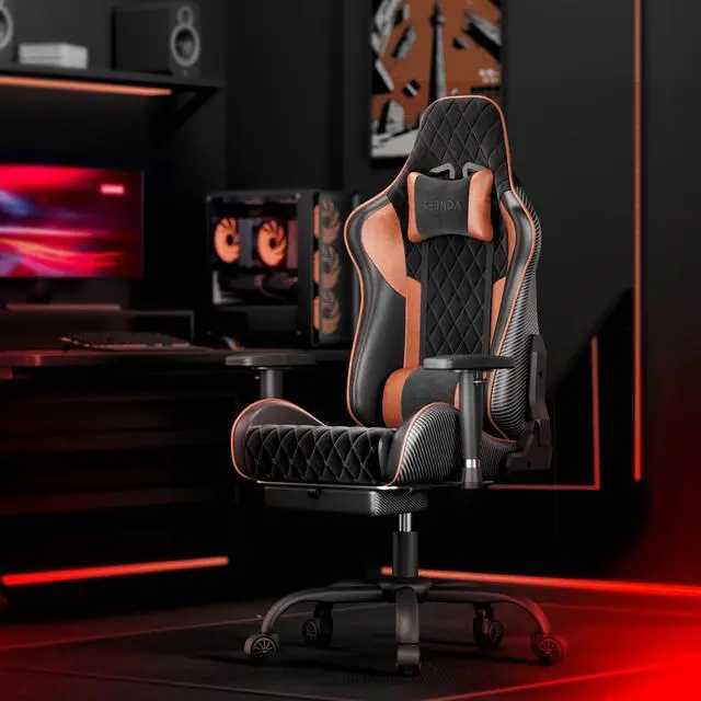 Alt view image 7 of 7 - Seenda GCPro-10 Gaming Chair, Big and Tall Video Game Chair with Footrest, High Back Ergonomic Computer Desk Chair Height Adjustable with Headrest and Lumbar Support Brown