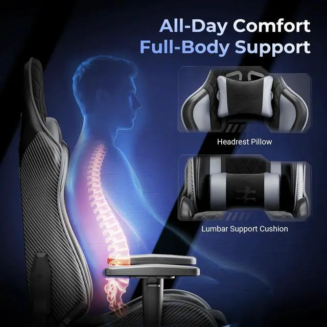 Alt view image 2 of 7 - Seenda GCPro-10 Gaming Chair, Big and Tall Video Game Chair with Footrest, High Back Ergonomic Computer Desk Chair Height Adjustable with Headrest and Lumbar Support Darkgray