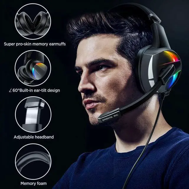 Alt view image 3 of 6 - Beexcellent Gaming Headsets for PS5, PS4, Xbox One, Gaming Headphones with Noise Canceling Microphone Surround Sound & LED RGB Light for PS5 Xbox PC Laptop Mac Nintendo Switch