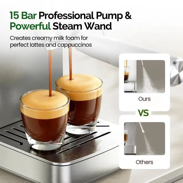 Alt view image 7 of 7 - Espresso Machine 9 Bar, Compact Espresso Maker with Steam Milk Frother, Stainless Steel Coffee Machine with Removable Water Tank for Cappuccino, Latte, Silver
