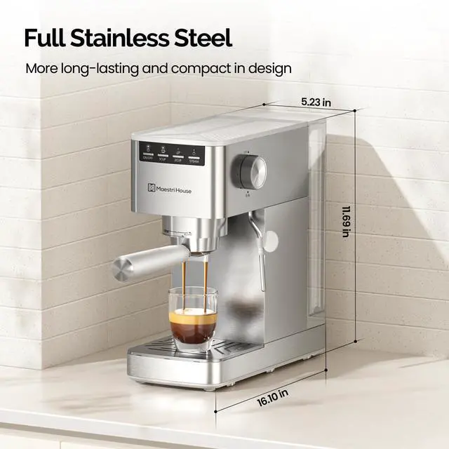 Alt view image 2 of 7 - Espresso Machine 9 Bar, Compact Espresso Maker with Steam Milk Frother, Stainless Steel Coffee Machine with Removable Water Tank for Cappuccino, Latte, Silver