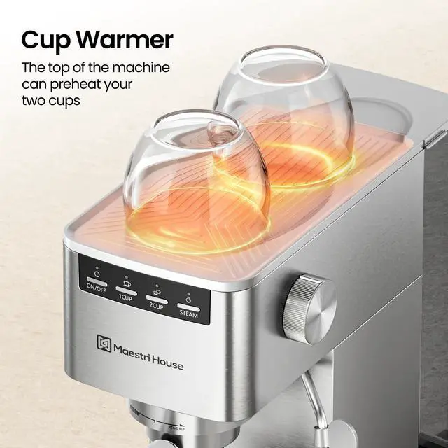 Alt view image 3 of 7 - Espresso Machine 9 Bar, Compact Espresso Maker with Steam Milk Frother, Stainless Steel Coffee Machine with Removable Water Tank for Cappuccino, Latte, Silver