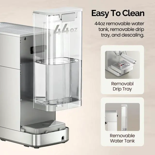 Alt view image 4 of 7 - Espresso Machine 9 Bar, Compact Espresso Maker with Steam Milk Frother, Stainless Steel Coffee Machine with Removable Water Tank for Cappuccino, Latte, Silver