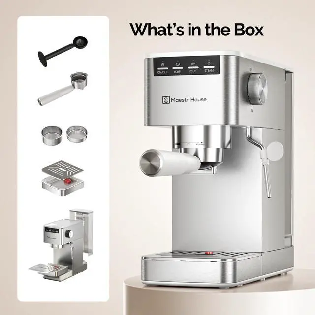 Main image of Espresso Machine 9 Bar, Compact Espresso Maker with Steam Milk Frother, Stainless Steel Coffee Machine with Removable Water Tank for Cappuccino, Latte, Silver