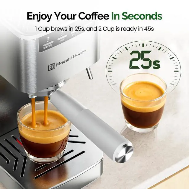 Alt view image 6 of 7 - Espresso Machine 9 Bar, Compact Espresso Maker with Steam Milk Frother, Stainless Steel Coffee Machine with Removable Water Tank for Cappuccino, Latte, Silver