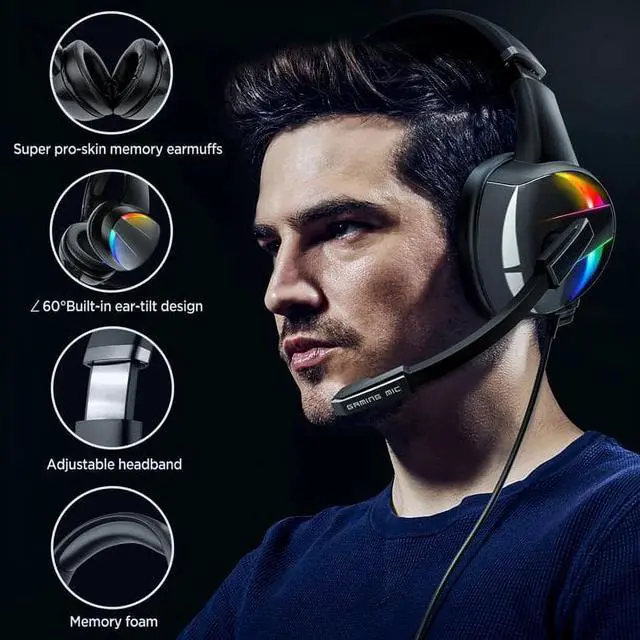 Alt view image 4 of 6 - Beexcellent Gaming Headsets for PS5, PS4, Xbox One, Gaming Headphones with Noise Canceling Microphone Surround Sound & LED RGB Light for PS5 Xbox PC Laptop Mac Nintendo Switch