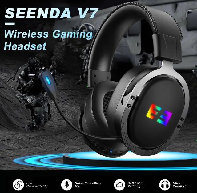 Alt view image 3 of 7 - Seenda Wireless Gaming Headset for PS4 PC Xbox One PS5 Controller, Noise Cancelling Over Ear Headphones with Mic, LED Light, Bass Surround