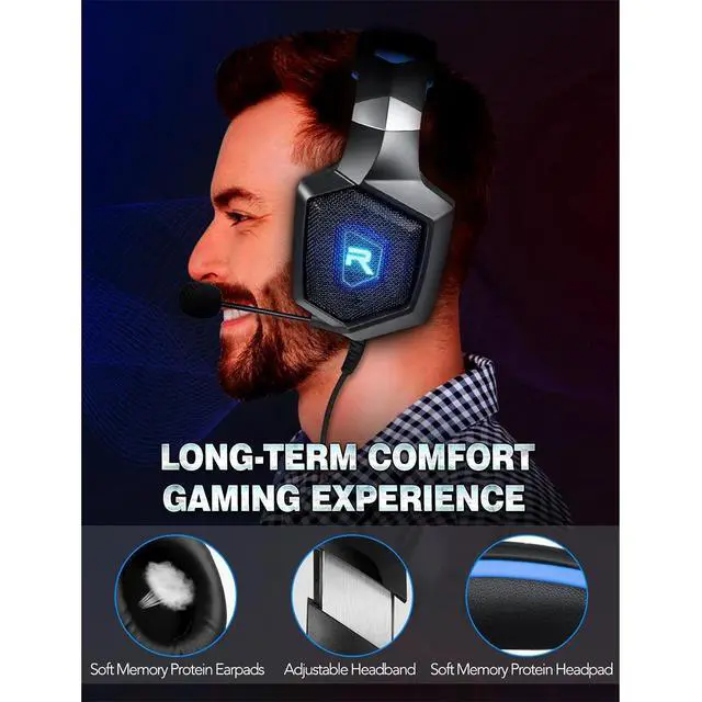 Alt view image 3 of 7 - RUNMUS Gaming Headset, Noise Canceling Over Ear Gaming Headphones with Mic & LED Light, Compatible with PS5, PS4, Xbox One, Sega Dreamcast, PC, PS2