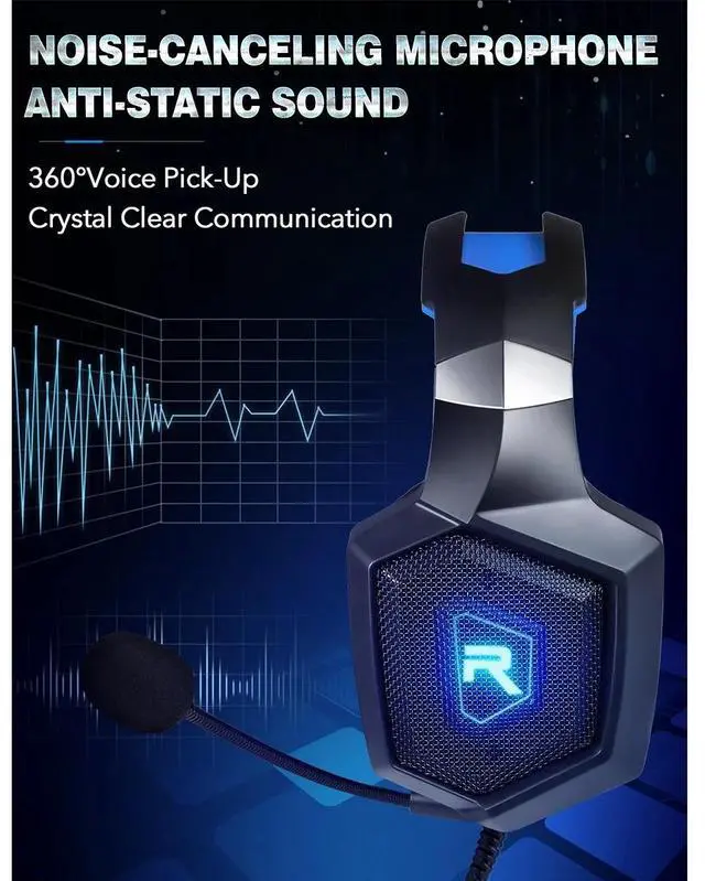 Alt view image 2 of 7 - RUNMUS Gaming Headset, Noise Canceling Over Ear Gaming Headphones with Mic & LED Light, Compatible with PS5, PS4, Xbox One, Sega Dreamcast, PC, PS2