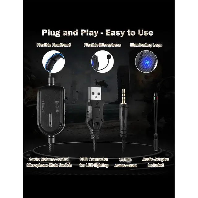 Alt view image 7 of 7 - RUNMUS Gaming Headset, Noise Canceling Over Ear Gaming Headphones with Mic & LED Light, Compatible with PS5, PS4, Xbox One, Sega Dreamcast, PC, PS2