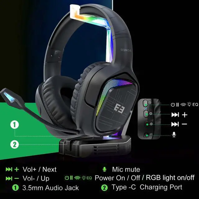 Alt view image 7 of 7 - Seenda Wireless Gaming Headset, PS4 Headset with Stereo Sound for PC PS4 PS5 Xbox One Mac Switch Laptop