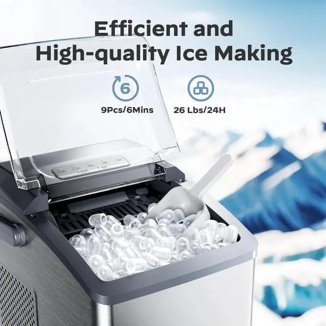 Alt view image 2 of 7 - Ice Makers Countertop,Ice Maker Machine 6 Mins 9 Bullet Ice, 26 Lbs/24 Hrs, Nugget Ice Maker with Self Cleaning Function, Ice Maker for Home Kitchen Party, Silver