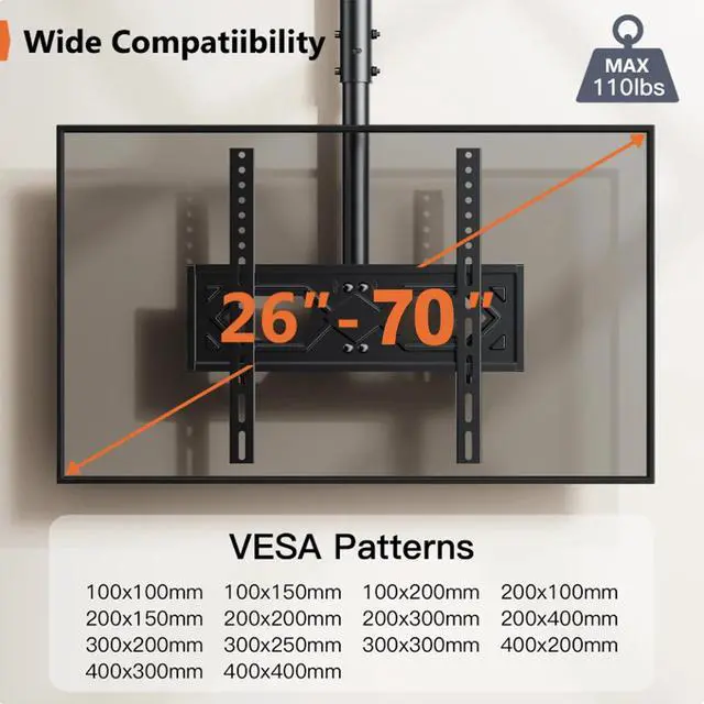 Alt view image 6 of 7 - MountFTV Ceiling TV Mount for 26-70 inch TVs ,6 Adjustable Height Setting Full Motion Hanging TV Wall Mount Bracket, Holds up to 110lbs, Max 400x400mm