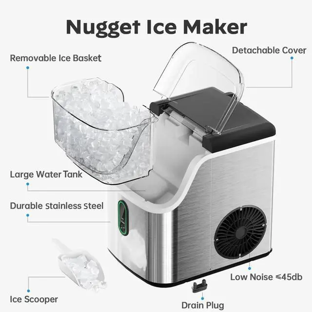 Alt view image 6 of 7 - Philergo Nugget Ice Maker Countertops, 35 lbs/24hr, Portable Pebble Ice Maker Machine with Self-Cleaning, Crushed Sonic ice maker with Soft Chewable Ice for Home, Kitchen, RV, Stainless Steel