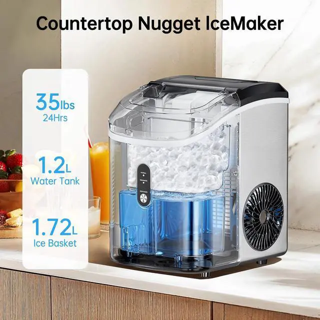 Alt view image 7 of 7 - Philergo Nugget Ice Maker Countertop, 35lbs/24H with Self-Cleaning Function Pellet Ice Maker for Home, Kitchen, Office, Stainless Steel