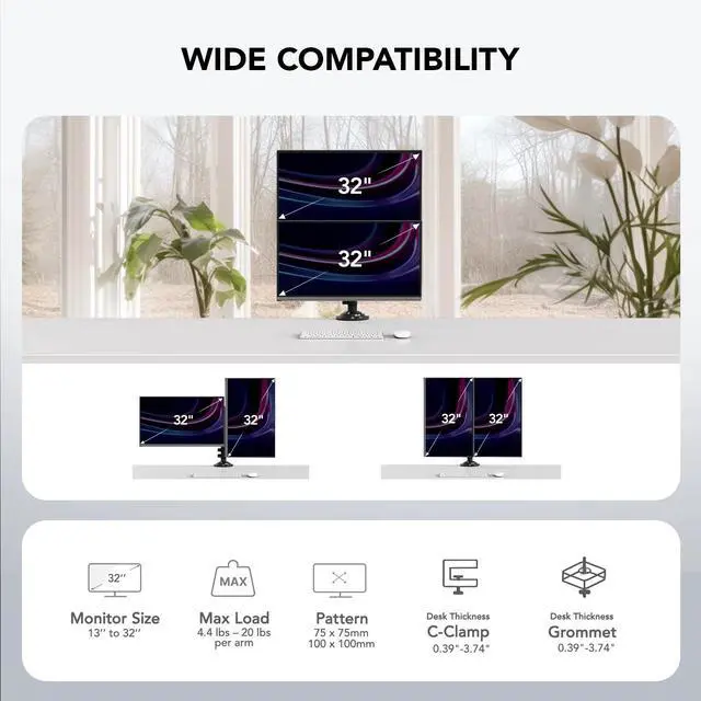 Alt view image 6 of 7 - Dual Monitor Stand Height Adjustable for 17 to 32 inch Screens, Monitor Mount Desk Stand Gas Spring Double Arm with Clamp, Grommet Mounting Base