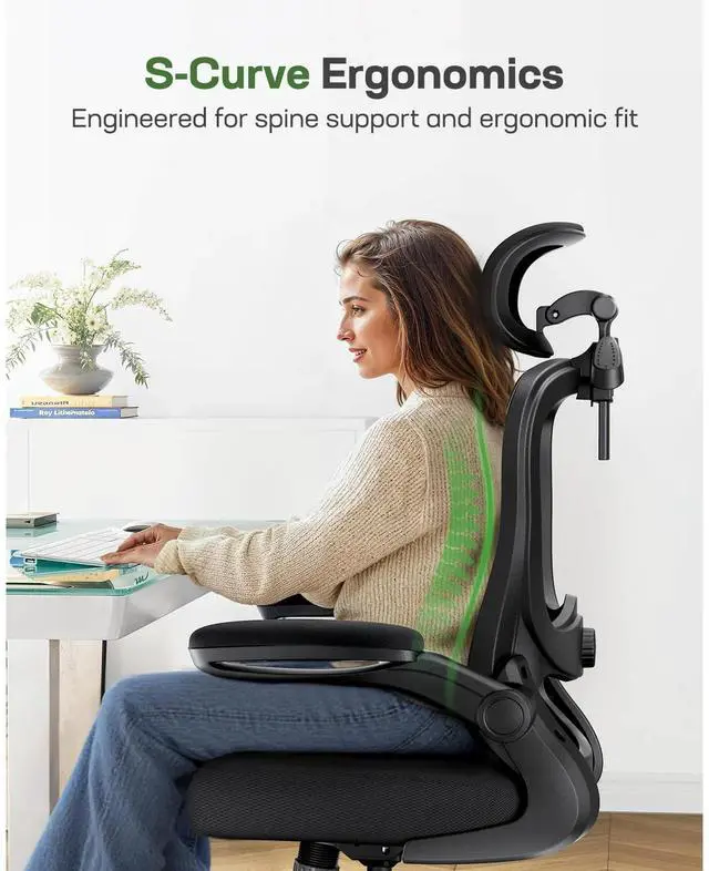 Alt view image 2 of 6 - CHITOOMA Ergonomic Office Chair: Ergonomic Gaming Chair with 3D Headrest, 3D Lumbar Support, Flip-up Armrests, High Back Adjustable Desk Chair with 90-120° Tilt Lock, Thick Cushion (Black)