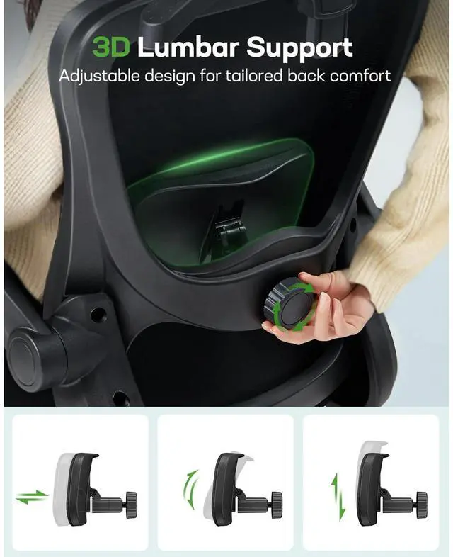 Alt view image 3 of 6 - CHITOOMA Ergonomic Office Chair: Ergonomic Gaming Chair with 3D Headrest, 3D Lumbar Support, Flip-up Armrests, High Back Adjustable Desk Chair with 90-120° Tilt Lock, Thick Cushion (Black)