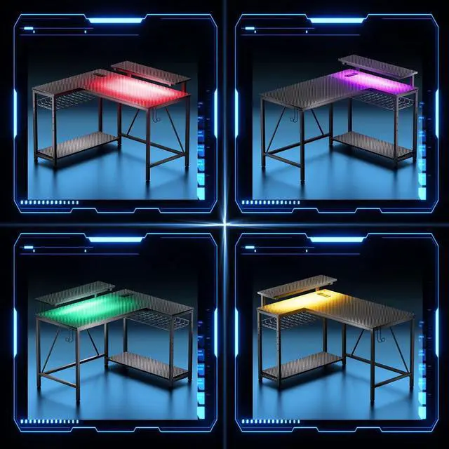 Alt view image 4 of 7 - Bestier 42" Reversible L-Shaped Gaming Desk: Equipped with Power Outlets, LED Lights, Adjustable Shelves & Hooks for Small Spaces ,Bedrooms & Offices, Carbon Fiber Black
