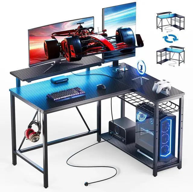 Main image of Bestier 42" Reversible L-Shaped Gaming Desk: Equipped with Power Outlets, LED Lights, Adjustable Shelves & Hooks for Small Spaces ,Bedrooms & Offices, Carbon Fiber Black
