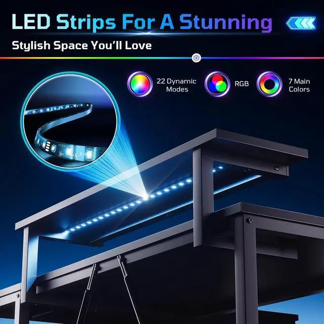 Alt view image 6 of 7 - Bestier 42" Reversible L-Shaped Gaming Desk: Equipped with Power Outlets, LED Lights, Adjustable Shelves & Hooks for Small Spaces ,Bedrooms & Offices, Carbon Fiber Black